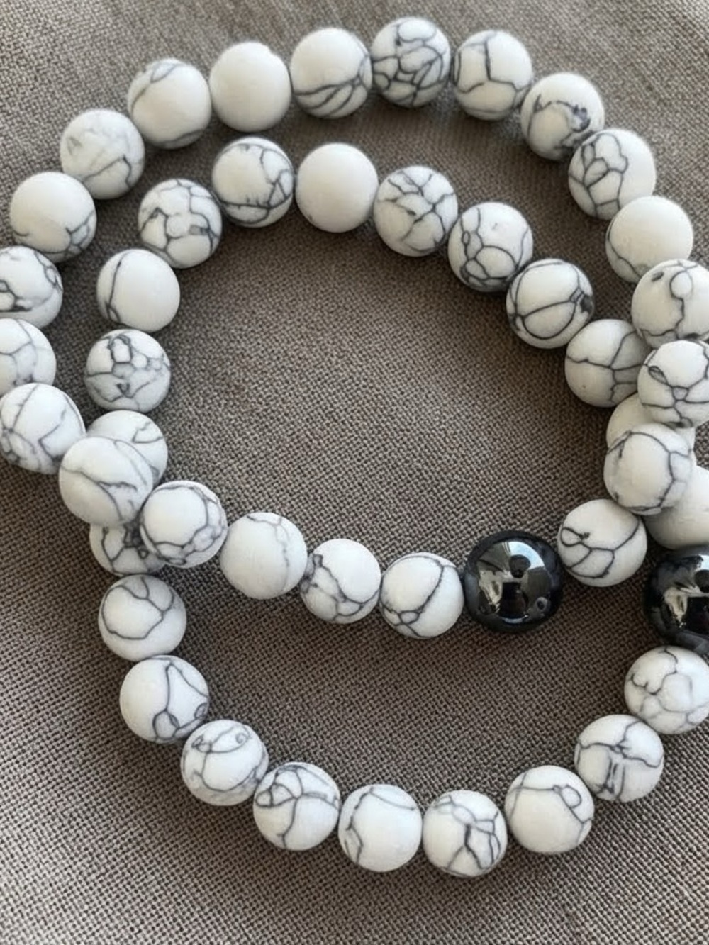 Matching Set of 2 White Turquoise & Hematite Beaded Bracelets